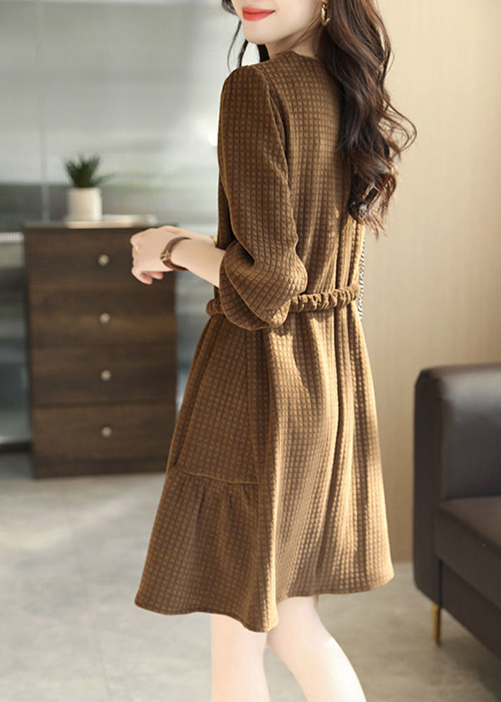 French Chocolate O-neck Plaid Color Sashes Cotton Holiday Dress Long Sleeve