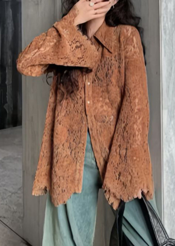 Coffee Peter Pan Collar Button Lace Shirt Flare Sleeve
