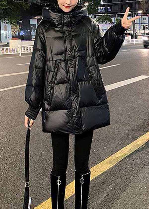 Black Hooded Pockets Fine Cotton Filled Parkas Winter