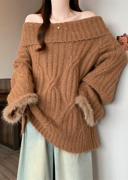 Brown Cold Shoulder Patchwork Faux Fur Knitted Tops Winter