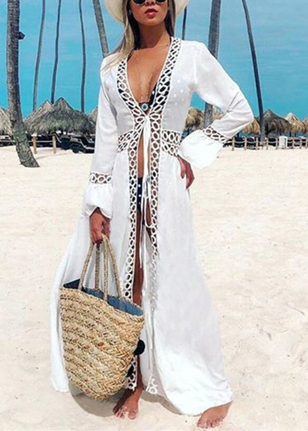 White V Neck Hollow Out Lace Up Cotton Cardigans Summer
