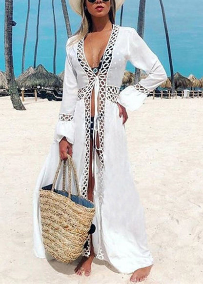 White V Neck Hollow Out Lace Up Cotton Cardigans Summer