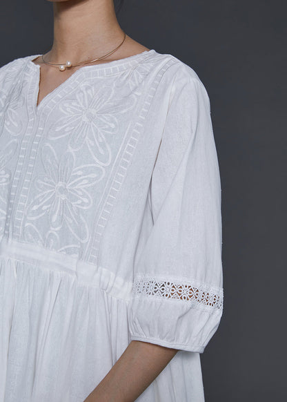 White Embroidered Cotton Cinched Dress Summer