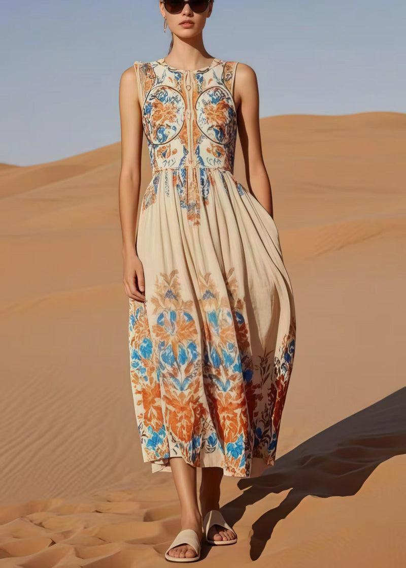 Beige Print Cotton Party Dress Sleeveless