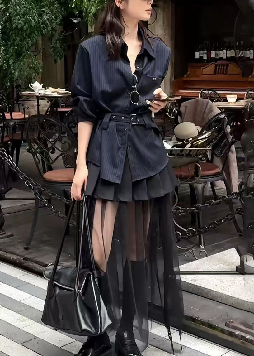 Striped Navy Sashes Shirts and Black Tulle Pleated Skirts Two Pieces Set Fall