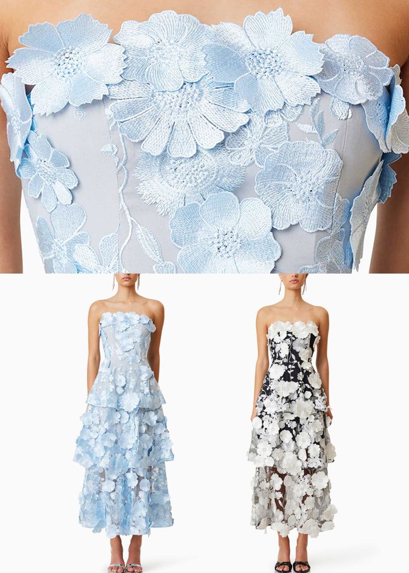 Blue High Waist Maxi Dresses Embroidered Summer