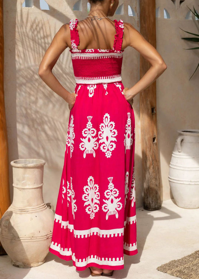 Rose Print Patchwork Cotton Spaghetti Strap Dress Summer