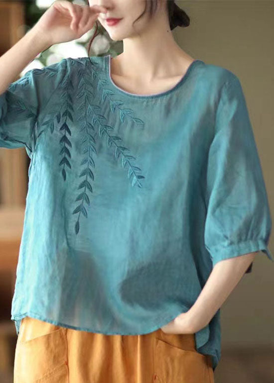 Blue Embroidered Patchwork Cotton T Shirt Half Sleever