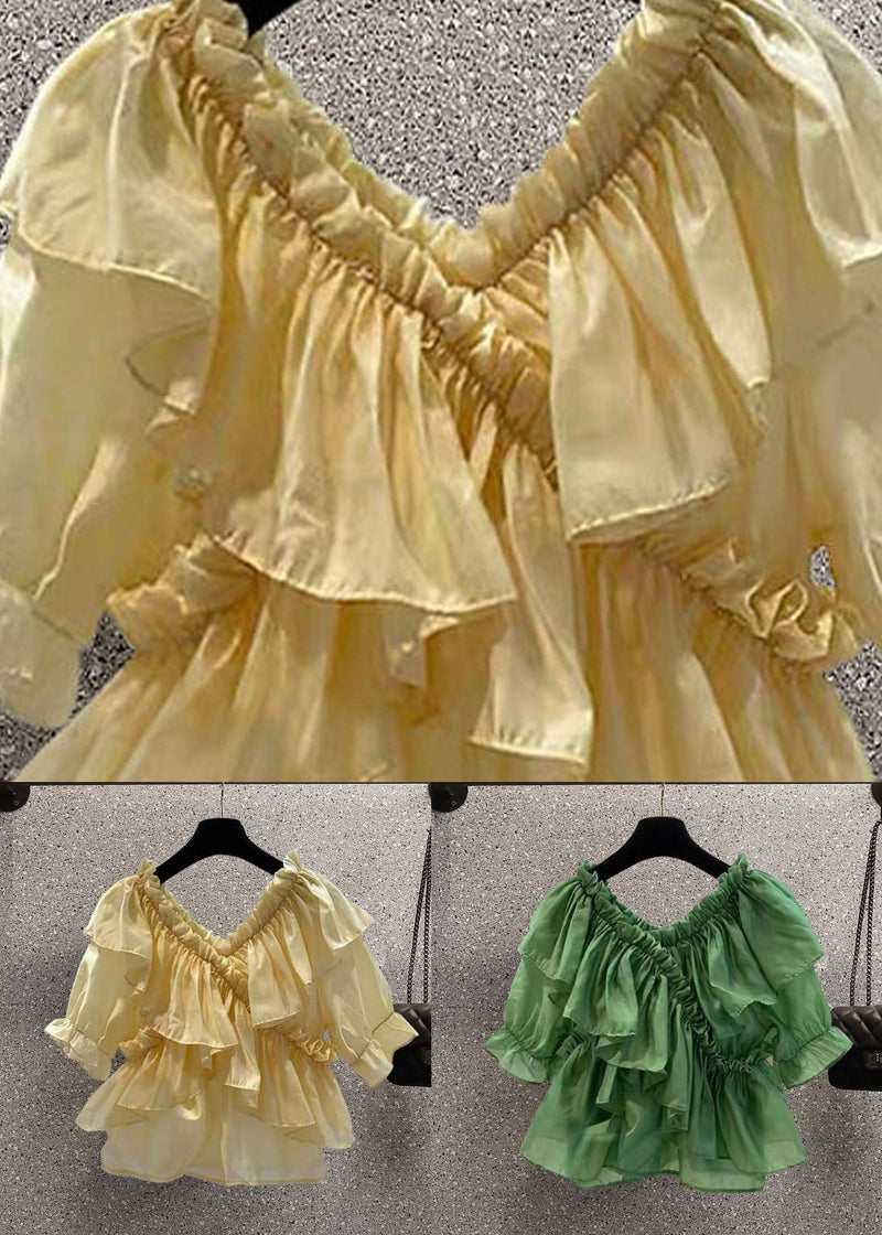 Diy Green Ruffled Patchwork Chiffon Blouses Summer