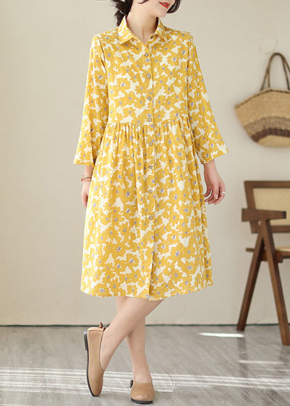 Yellow Peter Pan Collar Print Cotton Shirts Dresses Fall