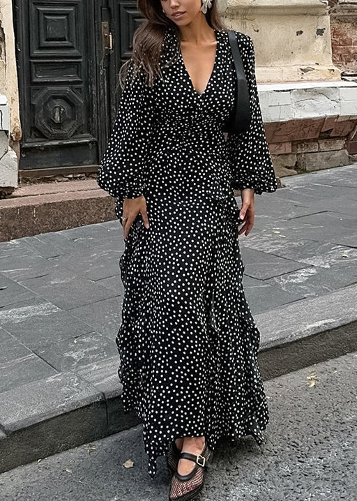 Black V Neck Ruffled Print Chiffon Dress Fall