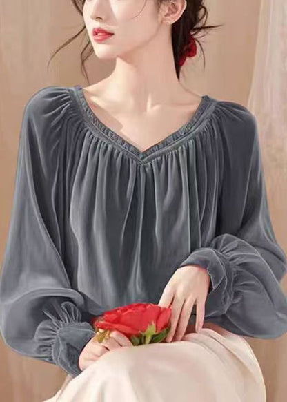 Simple Coffee V Neck Wrinkled Silk Velour Shirt Spring