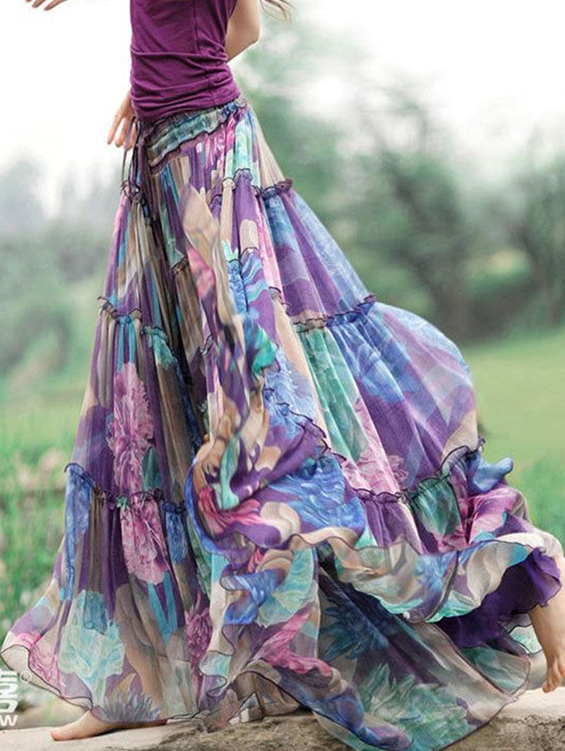 Print Drawstring Wrinkled Cotton Big Swing Maxi Skirt