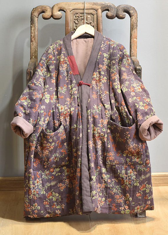 Purple V Neck Pockets Print Fine Cotton Filled Winter Coats