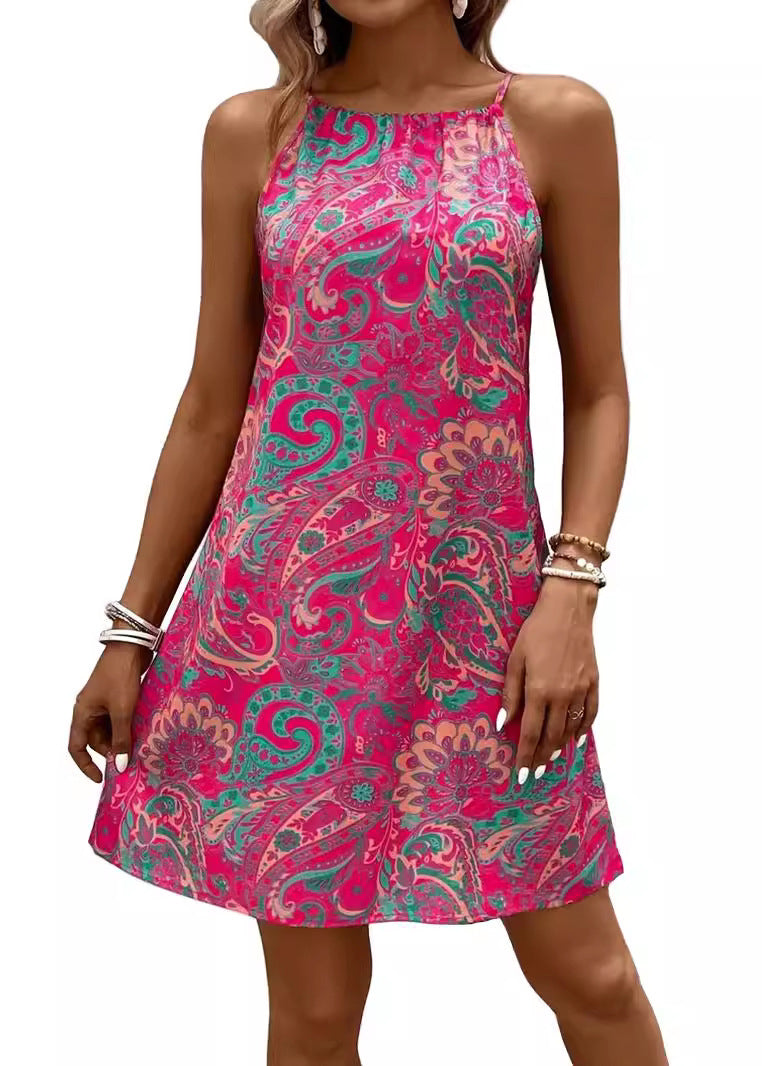 Rose Print Lace Up Chiffon Dresses Sleeveless