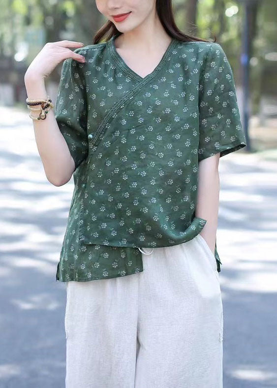 Green V Neck Print Patchwork Linen Blouses Summer