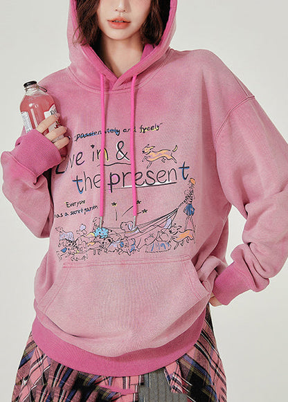 Italian Pink Hooded Print Warm Fleece Sweatshirts Top Winter