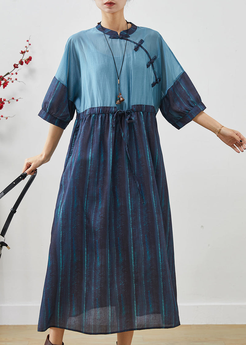 Navy Cinched Patchwork Striped Linen Dresses Summer