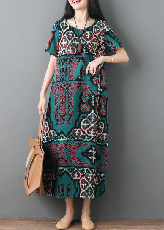 Loose Waist Cotton Linen Soft Surroundings Linen Green Prints Dresses Summer