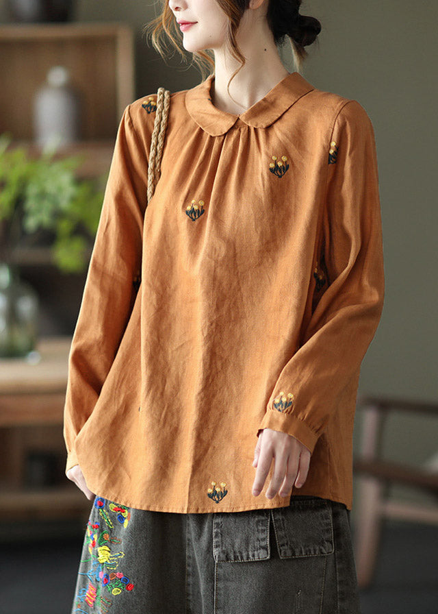 Orange Peter Pan Collar Embroidered Linen Shirt Long Sleeve