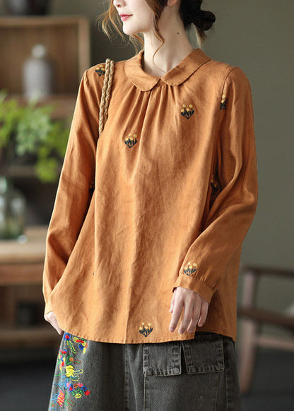 Orange Peter Pan Collar Embroidered Linen Shirt Long Sleeve