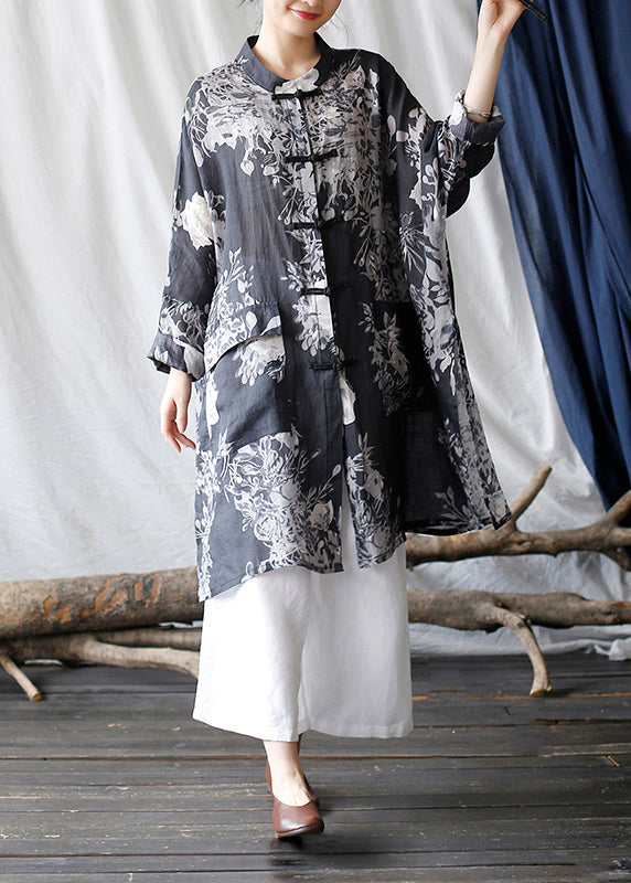 Black Oversized Print Linen Oriental Cardigan Spring