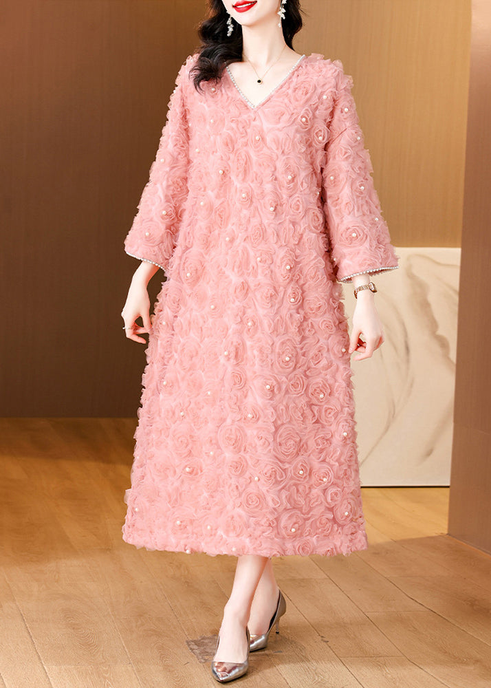 Pink V Neck Nail Bead Tulle Long Dresses Spring