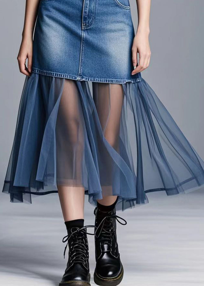 Navy Silm Fit Patchwork Denim Holiday Skirts Spring