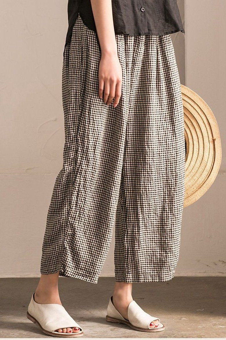 Black White Grid Wide-legged Pants Linen Trousers