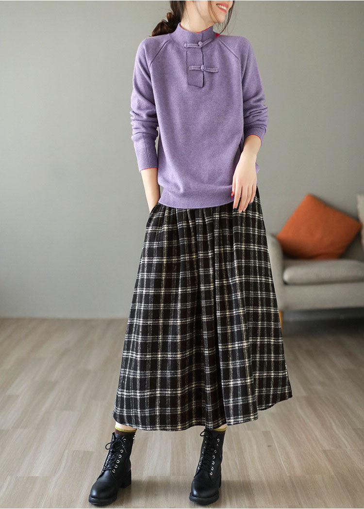 Black Elastic Waist Plaid Cotton a Line Skirt Spring