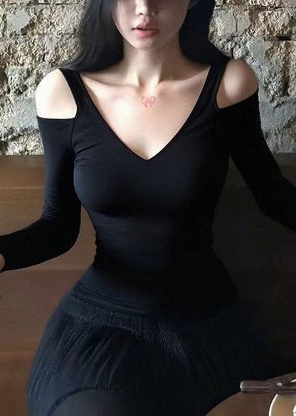 Black Cold Shoulder Cotton Shirts Spring