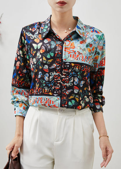 Black Peter Pan Collar Butterfly Silk Shirts Summer