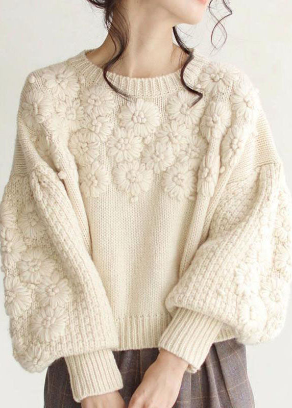 Beige Thick Warm Embroidered Fall Knit Sweaters