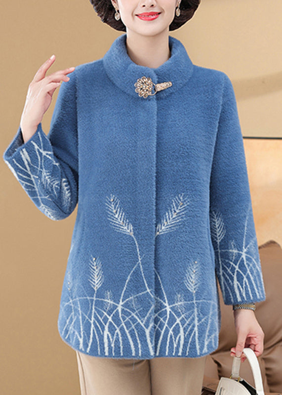 Omen Blue Print Pockets Mink Velvet Coats Spring