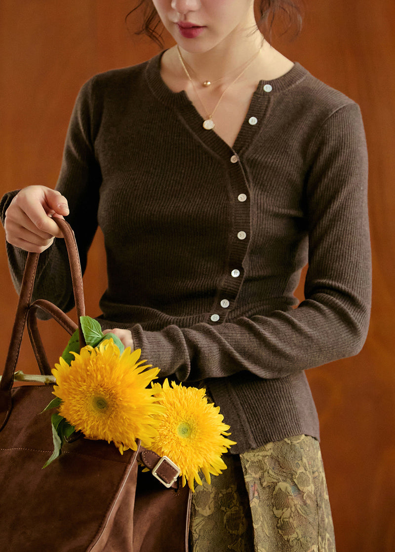 Coffee O Neck Button Slim Fit Woolen Knit Top Fall