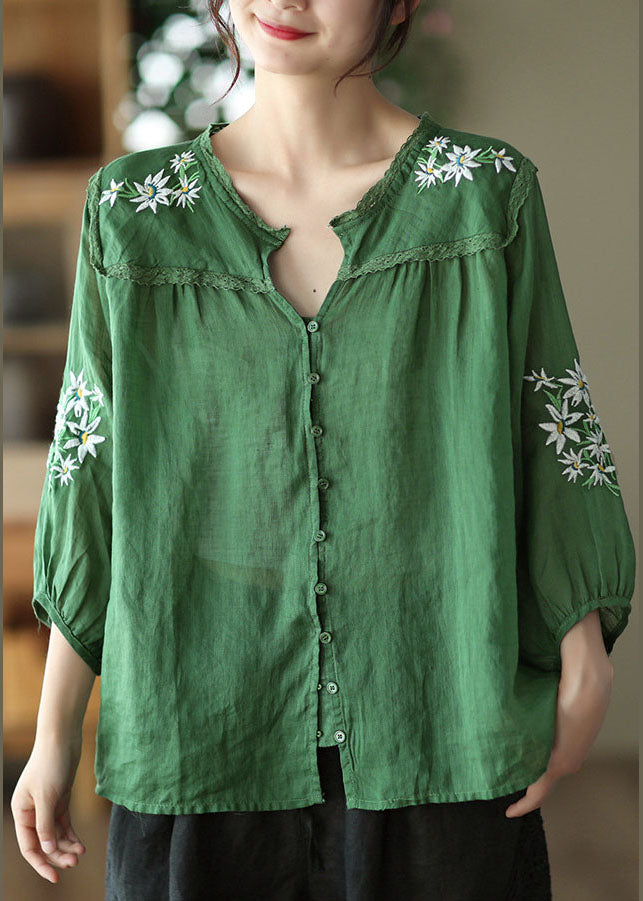Green V Neck Embroidered Linen Top Bracelet Sleeve
