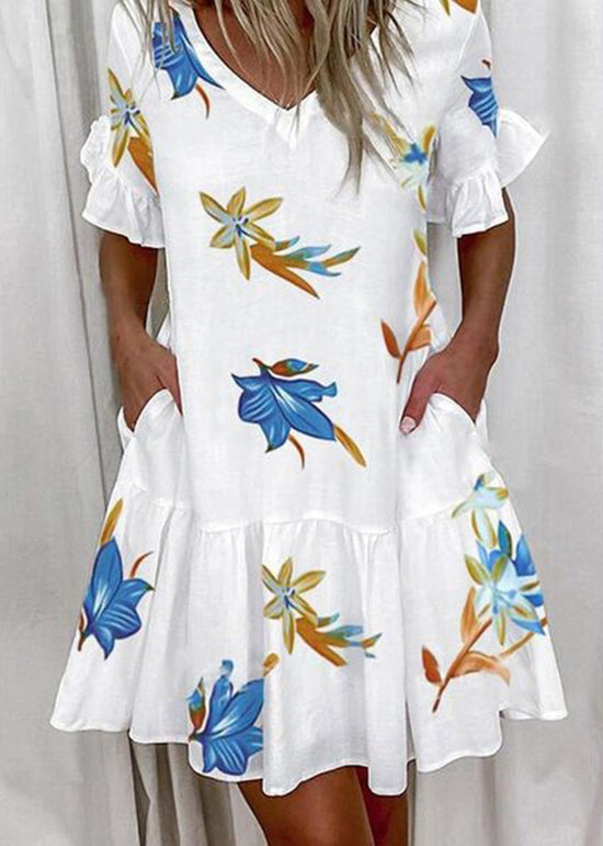 New V Neck Ruffled Butterfly Print Cotton Dress Summer