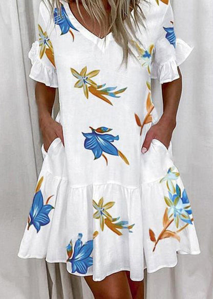 New V Neck Ruffled Butterfly Print Cotton Dress Summer
