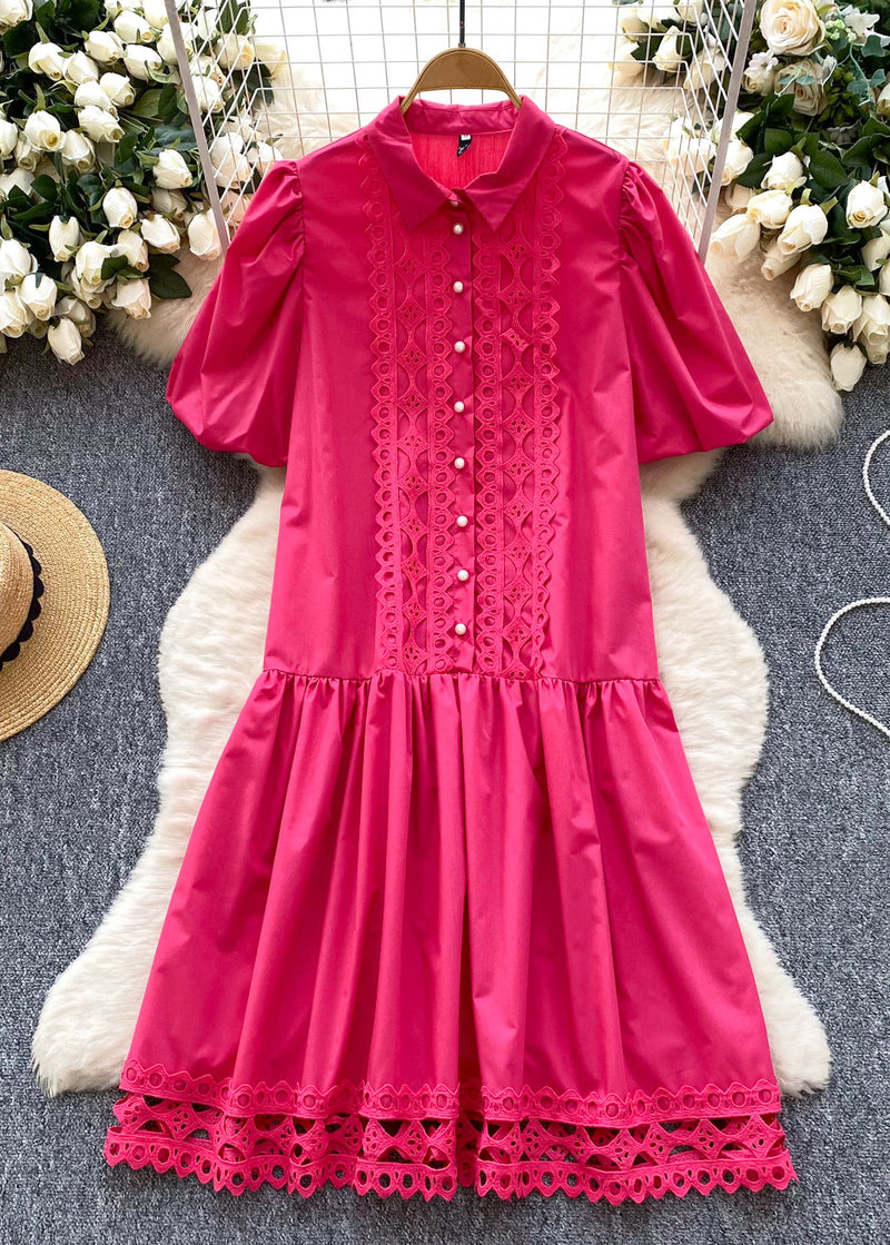 Rose Patchwork Lace Shirt Dress Lantern Sleeve