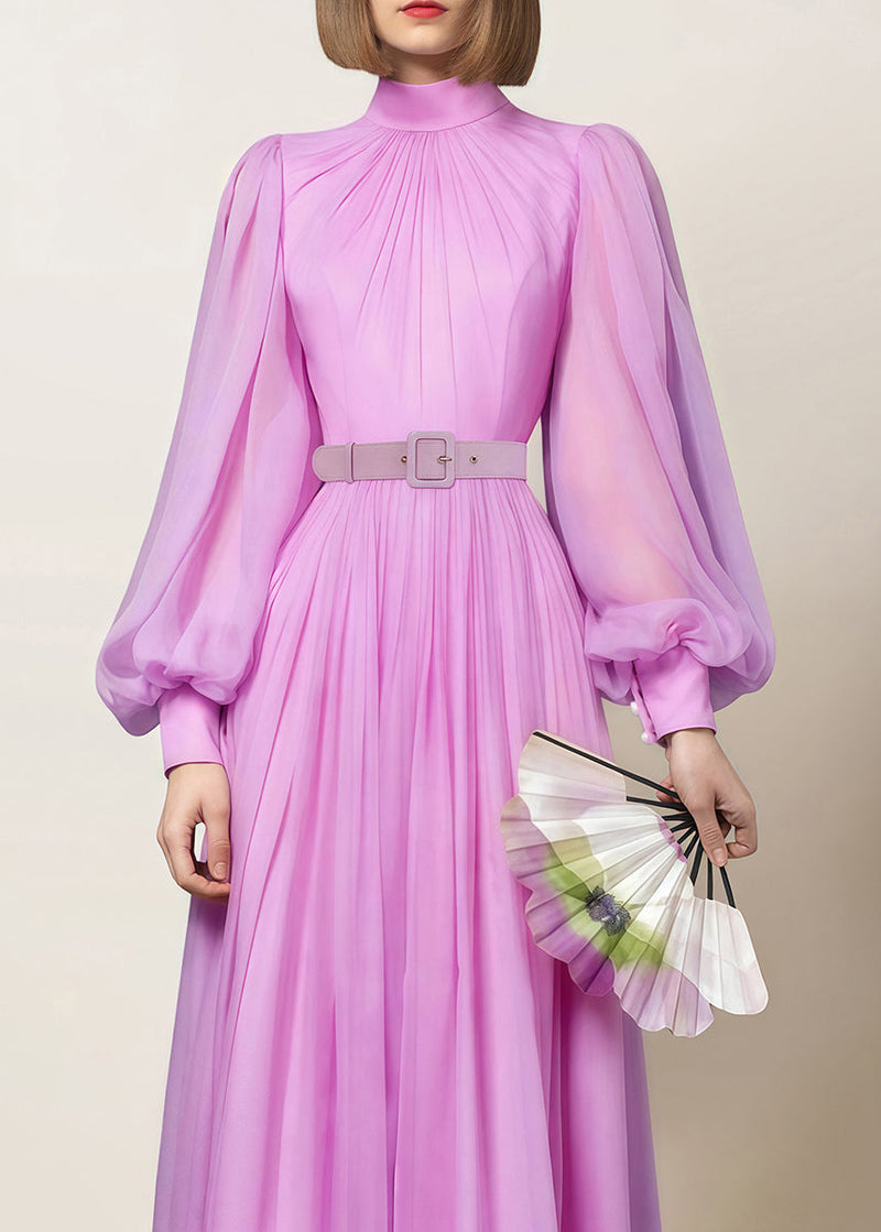 Purple Wrinkled Chiffon Dress Lantern Sleeve