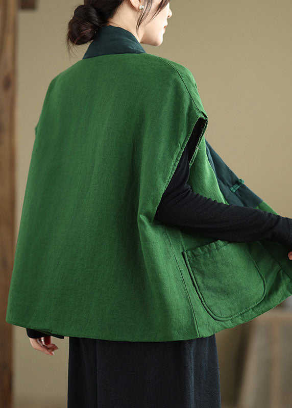 Green V Neck Pockets Patchwork Fine Cotton Filled Vest Winter