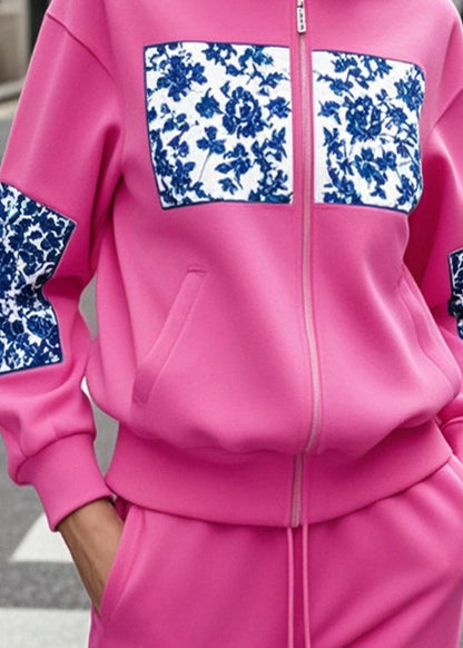 Rose Stand Collar Patchwork Print Cotton Sweatshirt Fall