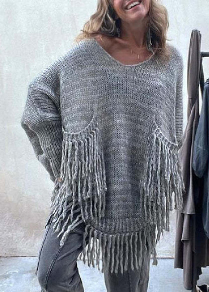 Stylish Light Camel Tasseled Pockets Knit Sweaters Fall