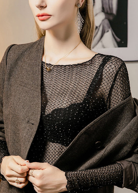 Black Zircon Hollow Out Thin Lace T Shirt Fall