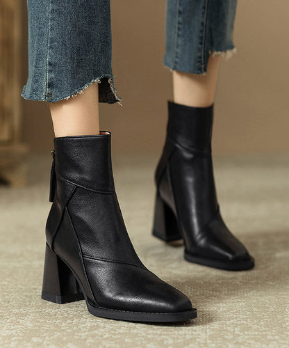 Brown Zippered Faux Leather Splicing Chunky Boots