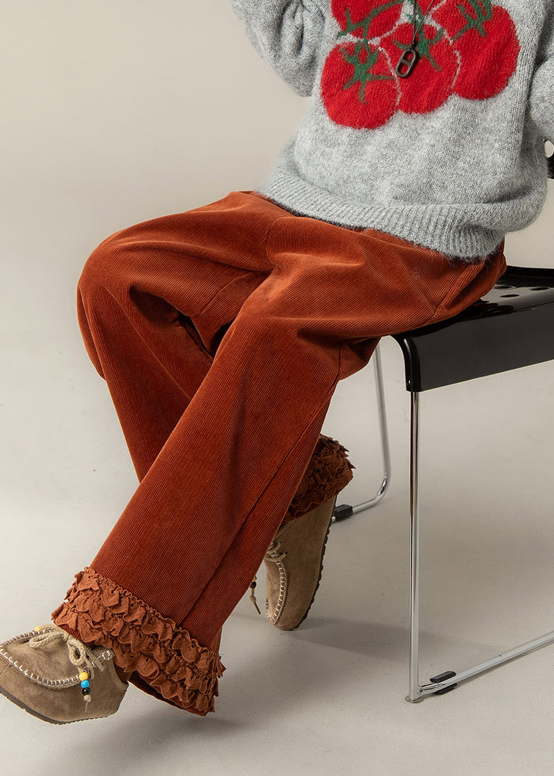 Brick Red Ruffled Oversized Corduroy Straight Pants Spring