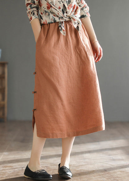 Orange Oriental Elastic Waist Pocket Linen a Line Skirts Summer