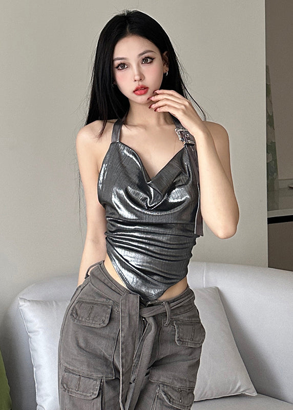 Silver Hanging Neck Style Suspender Shiny Pleated Short Top