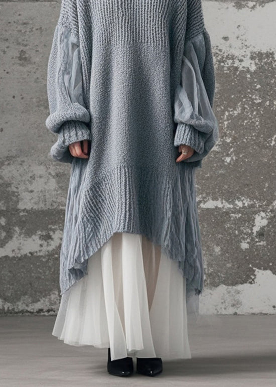 Grey Oversized Patchwork Tulle Long Knit Dress Winter
