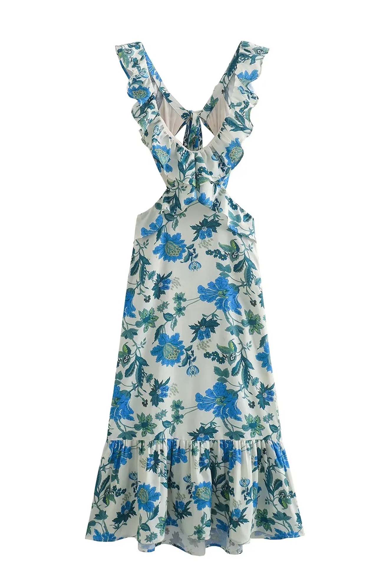 Ruffled Cutout Printed Lace Up Dress